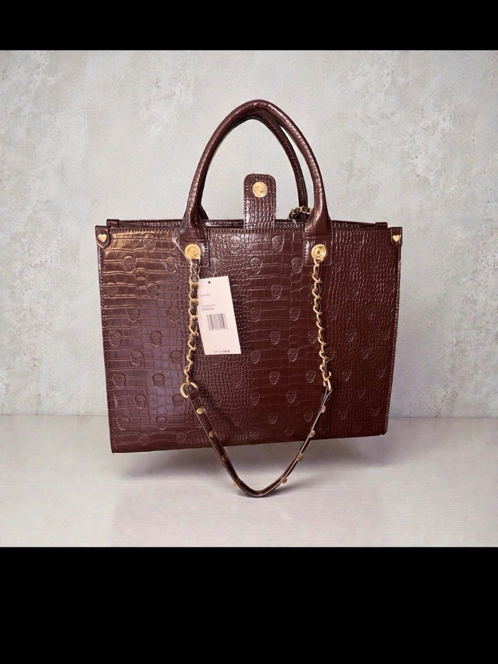 Betsey Johnson Brown Croc-Embossed Tote with Gold Chain Strap